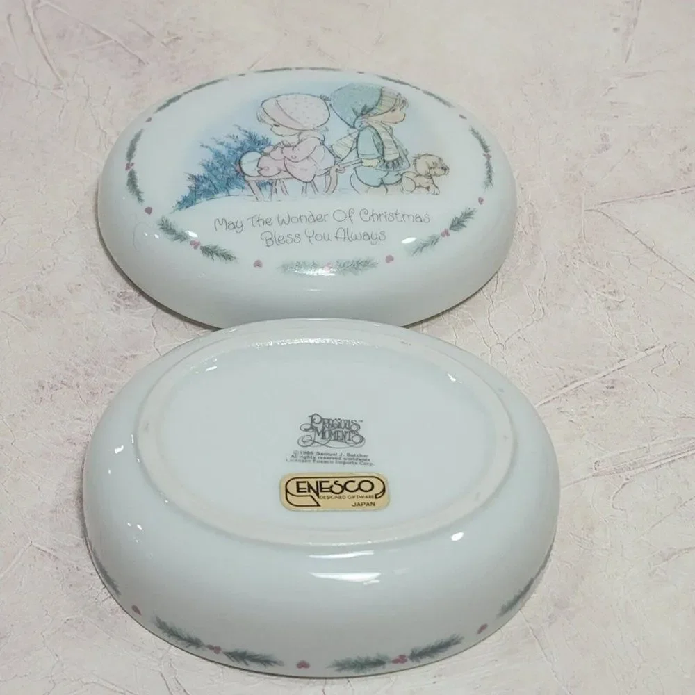 Vintage‎ Enesco 1986 Precious Moments Oval Christmas Covered Trinket Dish